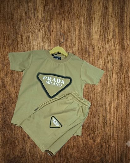Olive green boys clothing set with short-sleeve graphic T-shirt and matching shorts
