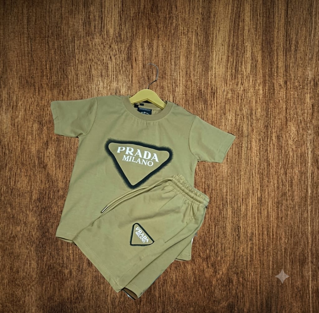Olive green boys clothing set with short-sleeve graphic T-shirt and matching shorts