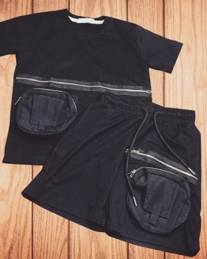 Boys black T-shirt and cargo shorts set with multiple utility pockets