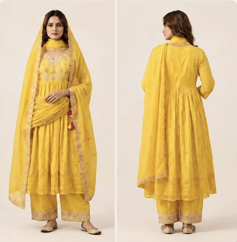 Yellow embroidered ethnic kurta palazzo set with tasseled dupatta, front and back view
