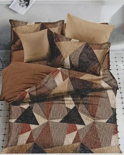 Brown beige geometric triangle printed fitted cotton bedsheet with two matching pillow covers