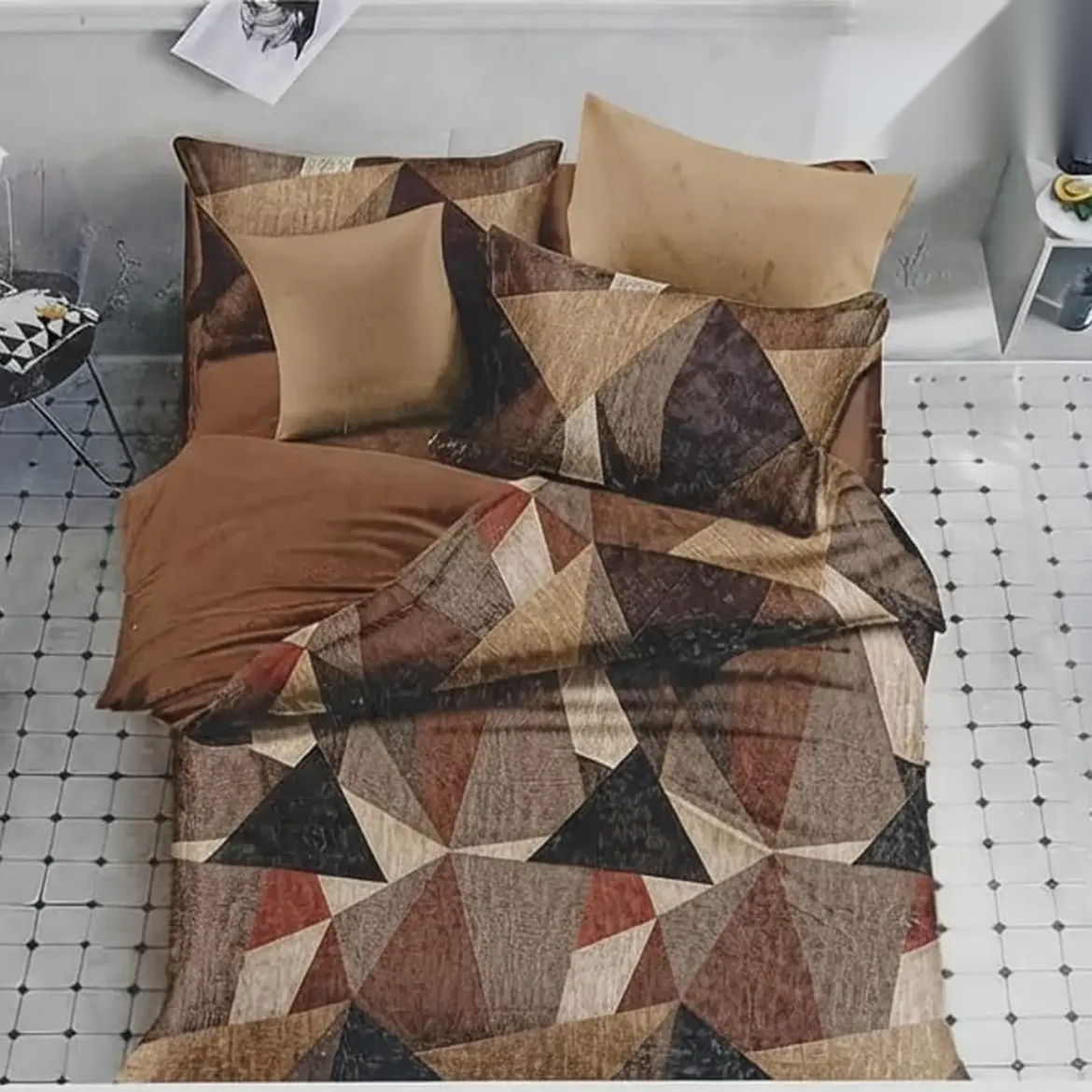 Brown beige geometric triangle printed fitted cotton bedsheet with two matching pillow covers