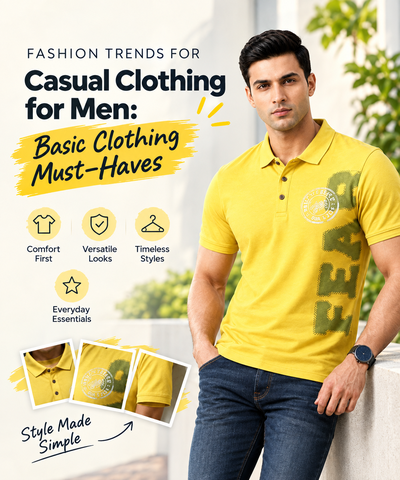 Casual fashion trends for men with yellow polo shirt and dark jeans