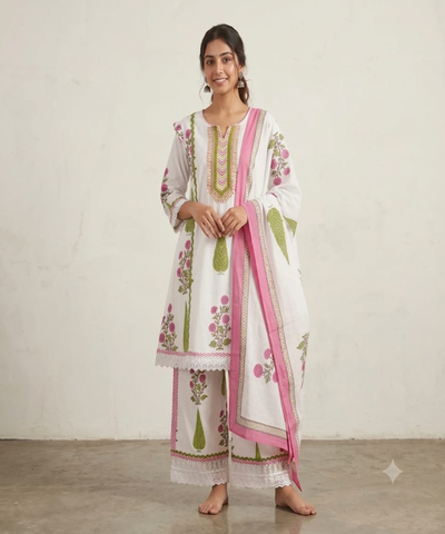 Woman wearing floral printed white ethnic suit with pink dupatta
